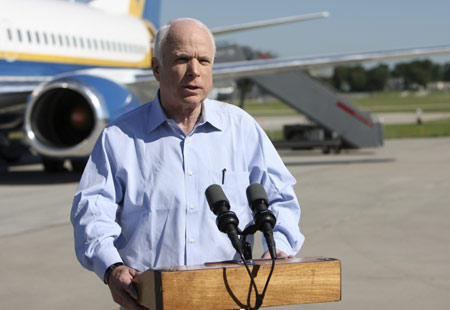 Republican US presidential candidate Senator John McCain (R-AZ) makes a statement on the developments in Georgia at the Des Moines International Airport during a campaign stop at the Iowa State Fair in Des Moines, Iowa Aug.8, 2008. (Xinhua/Reuters Photo)