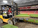 Workers pave the lawn in the National Stadium to prepare for upcoming matches on August 10, 2008. [Photo: Xinhuanet]