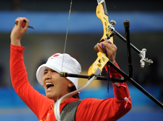 Chinese Zhang Juanjuan beat South Korean Park Sung-Hyun 110-109 to win the women's individual archery gold medal at the Olympic Games in Beijing on August 14. South Korean Yun Ok-hee downed DPR Korean Kwon Un-sil 109-106 for the bronze medal. [Xinhua]