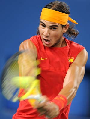 Rafael Nadal of Spain competes in Men's Single Semifinal 2 between Novak Djokovic of Serbia and Rafael Nadal of Spain of Beijing 2008 Olympic Games tennis event at Olympic Green Tennis Center in Beijing, China, Aug. 15, 2008. (Xinhua/Zou Zheng)