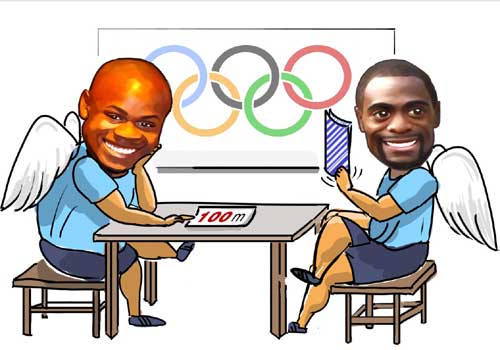 The cartoon shows two athletes, Powell and Bolt from Jamaica, who will compete in the Beijing 2008 Olympic Games. (Xinhua/Meng Lijing)
