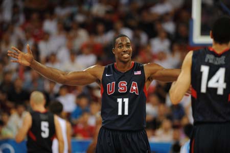 Dwight Howard of the United States gestures during the match US vs Spain in men's preliminary round group B of the Beijing 2008 Olympic Games Basketball event in Beijing, China, Aug. 16, 2008. The US beat Spain 119-82.[Li Jundong/Xinhua]