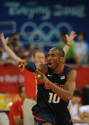 Kobe Bryant of the United States gestures during the match US vs Spain in men's preliminary round group B of the Beijing 2008 Olympic Games Basketball event in Beijing, China, Aug. 16, 2008. The US beat Spain 119-82. [Li Jundong/Xinhua]