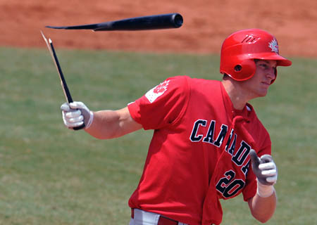 Michael Saunders of Canada breaks the bat during the match the United States vs Canada in Men's Preliminaries of the Beijing 2008 Olympic Games Baseball event in Beijing, China, Aug. 16, 2008. The United States beat Canada 5-4.[Zhang Ling/Xinhua]