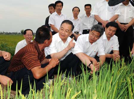 Wen Jiabao (C), Chinese Premier and member of the Standing Committee of the Political Bureau of the Communist Party of China (CPC) Central Committee, inspects in a field in Hongguang town, Helan county, northwest China's Ningxia Hui Autonomous Region, Aug. 15, 2008. Wen is inspecting in the region that is to celebrate its 50th anniversary on this October 25.