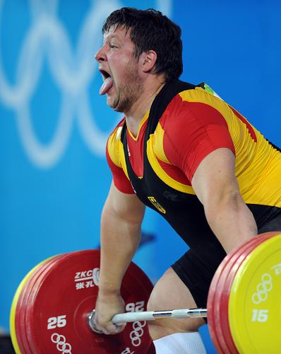Germany's Matthias Steiner wins the gold medal in the men's +105kg weightlifting class at the Beijing Olympic Games on Tuesday.