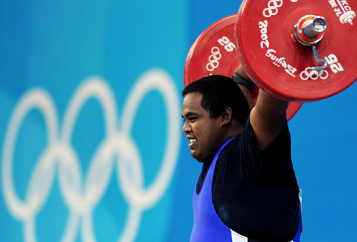 Weightlifter Itte Detenamo, the only athlete representing the tiny island nation in Beijing, set a personal best on August 19 of 2008 in the super heavyweight class. It wasn't enough to win a medal, but the 150-kilogram (330-pound) Pacific strongman said he's aiming for a podium finish in London 2012. [Xinhua]