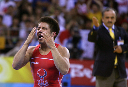Henry Cejudo of the United States won the gold medal in the men's freestyle wrestling 55kg class at the Beijing Olympic Games in Beijing on August 19, 2008. [Xinhua]