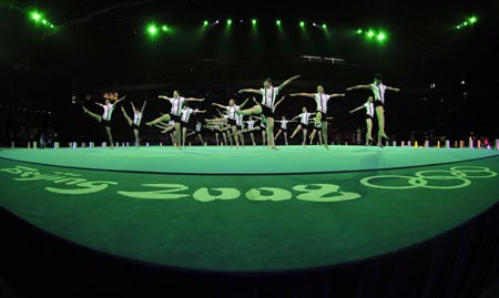 Chinese national aerobics team perform during a gymnastics artistic gala of the Beijing 2008 Olympic Games at the National Indoor Stadium in Beijing, China, Aug. 20, 2008. 