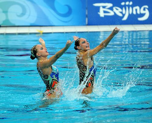 Russian Anastasia Davydova and Anastasia Ermakova won the synchro swimming duet free gold medal at the Beijing Olympic Games on August 20.