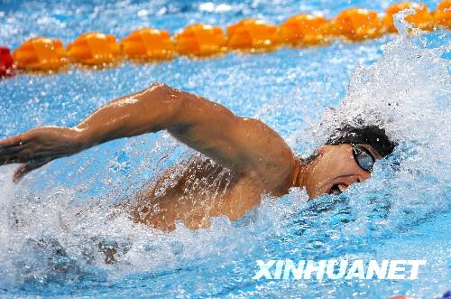 Andrey Moiseev of Russia competes at 200m freestyle swimming of Modern Pentathlon, Yingdong Natatorium, August 21, 2008. He takes the overall lead after three disciplines in the men's event. [Xinhua]