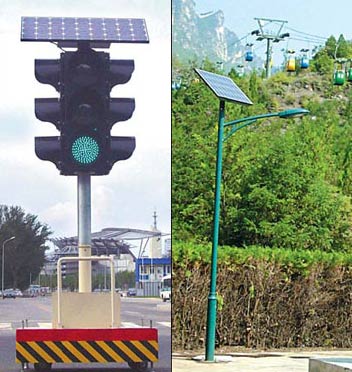 Left: A movable solar-powered traffic light near the Olympic Sports Center. Right: A solar-powered streetlight at Simatai Great Wall in Beijing. [Agencies] 