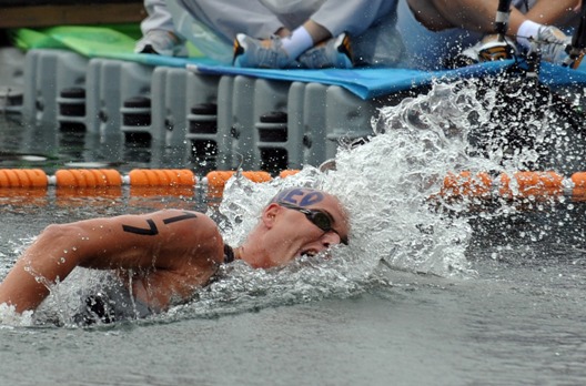 Dutchman Maarten van der Meijden made a surprising last minute sprint at the men's open water race in Beijing on Thursday, snatching the inaugural Olympic gold of 10-kilometer marathon swimming [Xinhua]