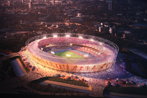 Picture displayed inside London house shows the artistic impression of what the main stadium for the London 2012 Olympics will look like at night, Thursday, August 21, 2008.[Photo: CRIENGLISH.com]