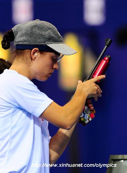 Belinda Schreiber of Switzerland competes during 10m air pistol shooting competition of the women's modern pentathlon at the Beijing Olympic Games in Beijing, China, Aug. 22, 2008.[Luo Xiaoguang/Xinhua] 