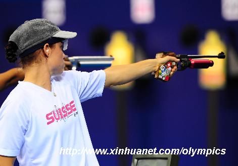 Belinda Schreiber of Switzerland competes during 10m air pistol shooting competition of the women's modern pentathlon at the Beijing Olympic Games in Beijing, China, Aug. 22, 2008. [Luo Xiaoguang/Xinhua]