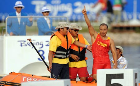 Meng Guanliang and Yang Wenjun of China compete in the men’s canoe double (C2) 500m final at Beijing 2008 Olympic Games in the Shunyi Rowing-Canoeing Park in Beijing, China, Aug. 23, 2008. They won the gold medal.