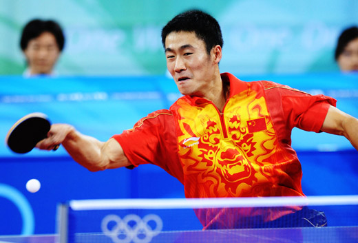 Chinese Wang Liqin beat Swedish veteran Jorgen Persson 4-0 (13-11, 11-2, 11-5, 11-9) to win the men's singles bronze medal at the Olympic table tennis tournament on August 23, 2008.