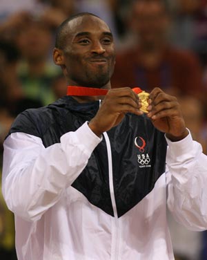 Kobe Bryant of the U.S. reacts on the awarding ceremony of Beijing 2008 Olympic Games men's basketball event at Olympic Basketball Gymnasium in Beijing, China, Aug. 24, 2008. The U.S. beat Spain 118-107 and won the gold medal of the event. 