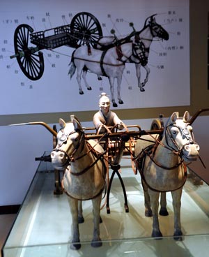 The replica of a chariot from the Western Zhou Dynasty (BC 1046-771) is shown at the Ningxia Transportation Museum in Yinchuan, capital of northwest China's Ningxia Hui Autonomous Region, August 22, 2008. [Xinhua] 