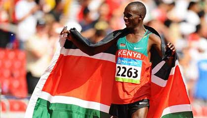 S. Wansiru of Kenya wins men's marathon gold medal at Beijing Olympic at 2:06:32 on August 24,2008.