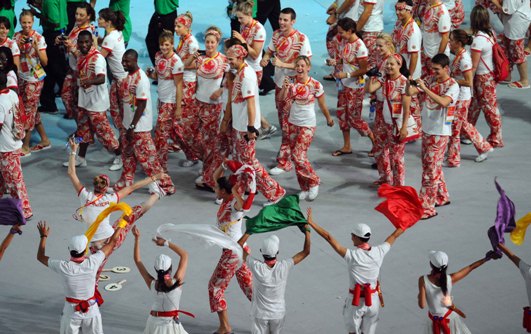 Representatives of different countries enter the field at the closing ceremony of Beijing Olympics. [Xinhua]