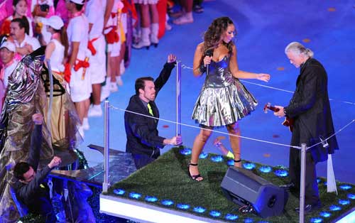 Leona Lewis and Jimmy Page perform at the Olympic closing ceremony in the National Stadium August 24. 