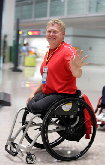 German Paralympians participating in the Beijing Paralympic Games arrive at the Beijing International airport on Aug. 26, 2008. 