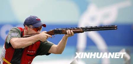 Vincent Hancock of the United States competes during Men's Skeet Final of the Beijing 2008 Olympic Games Shooting event in Beijing, China, Aug. 16, 2008. Vincent Hancock won the gold in the event after beating Tore Brovold of Norway in the shoot-off. Tore Brovold won the silver medal.
