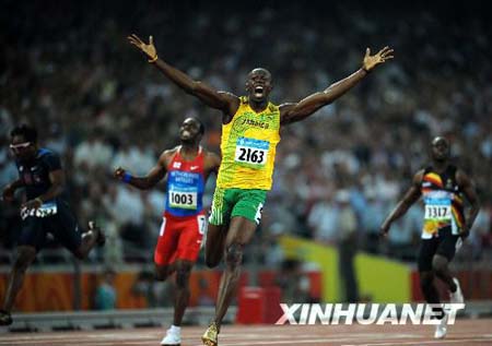Usain Bolt of Jamaica jubilates after the men's 200m final at the National Stadium, also known as the Bird's Nest, during Beijing 2008 Olympic Games in Beijing, China, Aug. 20, 2008. Usain Bolt of Jamaica won the title with 19.30 seconds and set a new world record.