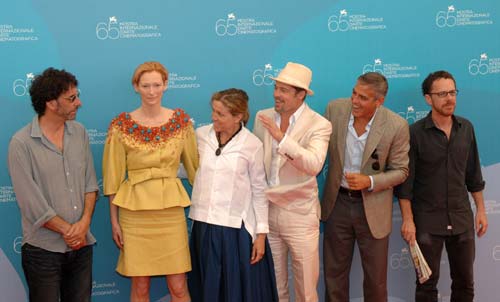 Joel Coen (1st L), actress Tilda Swinton (2nd L), actors Brad Pitt (3rd R) and George Clooney (2nd R) as well as director Ethan Coen (1st R) attend a news briefing in Venice, Italy, August 27, 2008. The 65th Venice Film Festival opened here on Wednesday.(Xinhua/Chen Haitong) (dyw/wcy)