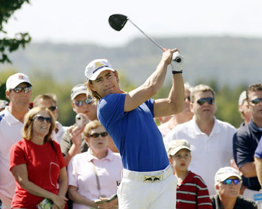 Camilo Villegas tees off on the second green during the Notah Begay III Foundation Challenge at Atunyote Golf Course in Vernon, New York on Tuesday. The Colombian won by beating Vijay Singh, Mike Weir, Stewart Cink and Notah Begay. 