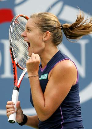 Coin of France reacts during her second round match against Ana Ivanovic of Serbia at the US Open tennis tournament August 28, 2008 in Flushing Meadows, NY. She won 2-1.