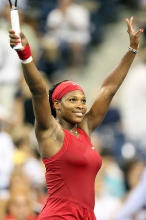 Serena Williams from the United States celebrates her victory over France's Severine Bremond after the 4th round of the women's singles at the US Open 2008 in New York, the United States, Sept. 1, 2008. Serena Williams won 2-0. (Xinhua/Hou Jun)