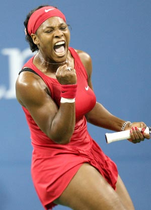 Serena Williams from the United States celebrates scoring during the 4th round of the women's singles event against France's Severine Bremond at the US Open 2008 in New York, the United States, Sept. 1, 2008. Serena Williams won 2-0. (Xinhua/Hou Jun) 