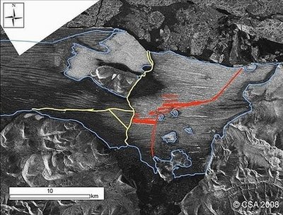 This Radarsat-1 image of the Ward Hunt Ice Shelf in northorn Canada obtained July 29, 2008 shows the network of cracks threatening the integrity of the ice shelf. Two ice shelves in Canada's far north have lost massive sections since August while a third ice shelf now is adrift in the Arctic Ocean, said researchers Wednesday who blamed climate change. [Agencies]