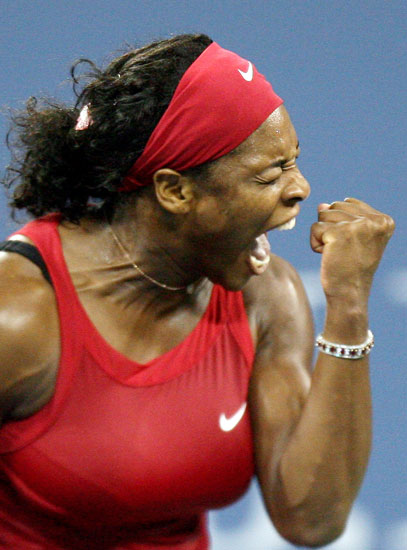 Serena Williams of the United States reacts while taking on Venus Williams of the United States during Day 10 of the 2008 U.S. Open at the USTA Billie Jean King National Tennis Center on September 3, 2008 in the Flushing neighborhood of the Queens borough of New York City. 