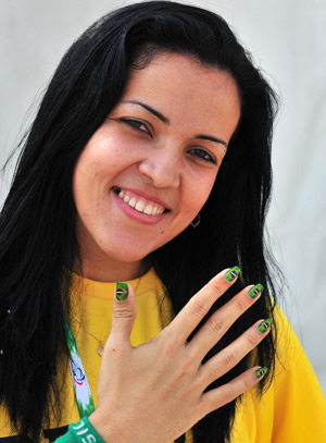 An athlete of Brazil shows her painted nails at the Paralympic Village in Beijing on September 5, 2008. Athletes and delegates from all over the world gathered in Beijing to attend the Beijing 2008 Paralympic Games which will be opened on September 6, 2008.
