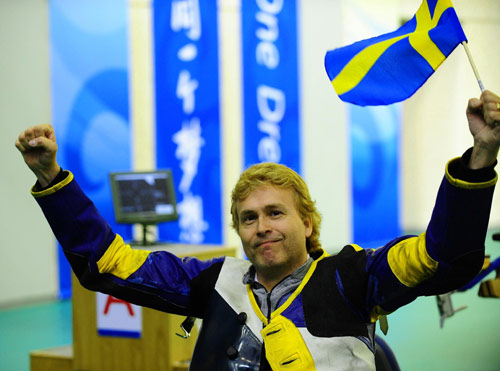 Jonas Jacobsson of Sweden won the gold in the Men's R1-10m Air Rifle Standing SH1 with a total score of 700.5 points during the Beijing 2008 Paralympic Games in Beijing on September 8, 2008.