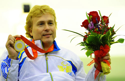 Jonas Jacobsson of Sweden won the gold in the Men's R1-10m Air Rifle Standing SH1 with a total score of 700.5 points during the Beijing 2008 Paralympic Games in Beijing on September 8, 2008. 