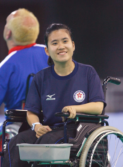 Hoi Ying Karen Kwok smiles to the crowd after the gold medal Mixed Individual Boccia (BC2) match at the Fencing Hall of the National Convention Center during day three of the 2008 Paralympic Games on September 9 in Beijing, China. [BOCOG]