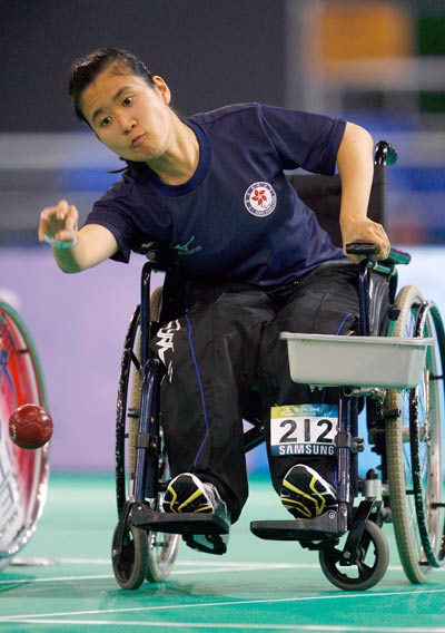 Hoi Ying Karen Kwok takes a throw in the gold medal Mixed Individual Boccia (BC2) match at the Fencing Hall of the National Convention Center during day three of the 2008 Paralympic Games on September 9 in Beijing, China.