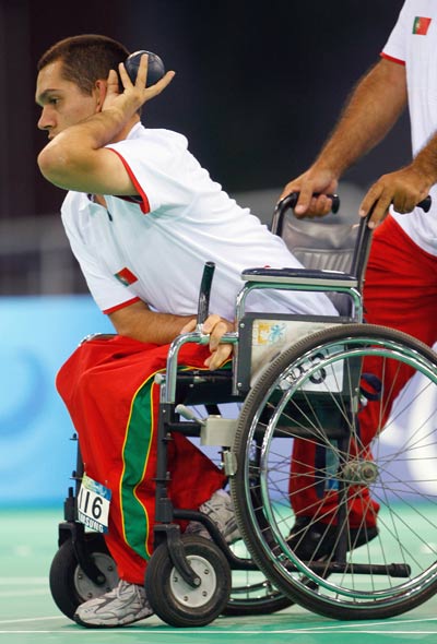 Joao Paulo Fernandes competes in the gold medal Mixed Individual Boccia (BC1) match at the Fencing Hall of the National Convention Center during day three of the 2008 Paralympic Games on September 9 in Beijing, China.