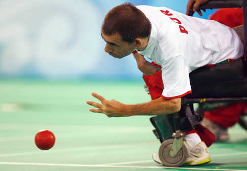 Antonio Marques competes in the gold medal Mixed Individual Boccia (BC1) match at the Fencing Hall of the National Convention Center during day three of the 2008 Paralympic Games on September 9 in Beijing, China.
