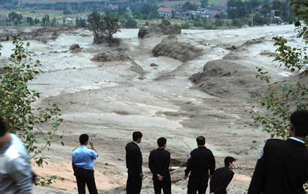 The area destroyed by the mud-rock flow is seen in this picture taken on September 8, 2008. [Xinhua]