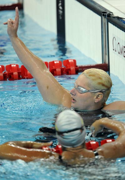 The Women's 50m Backstroke S5 final of the Beijing 2008 Paralympic Games took place at the National Aquatics Center in Beijing, Sept. 8, 2008. Bela Hlavackova of Czech Republic set a new paralympic record and won the gold medal of the event with 41.03 seconds. 