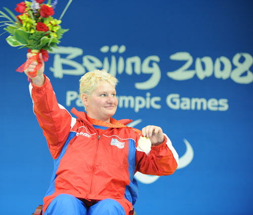 The Women's 50m Backstroke S5 final of the Beijing 2008 Paralympic Games took place at the National Aquatics Center in Beijing, Sept. 8, 2008. Bela Hlavackova of Czech Republic set a new paralympic record and won the gold medal of the event with 41.03 seconds. 