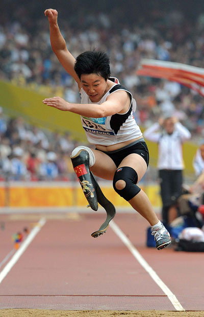 China's Wang Juan competes for Women's Long Jump F44 gold medal at the Beijing 2008 Paralympic Games, at the National Stadium, also known as the Bird's Nest, in Beijing, China, on September 9, 2008.