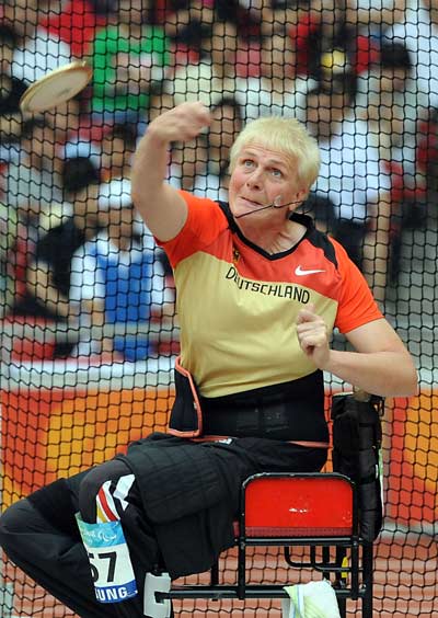 Germany's Marianne Buggenhagen took gold in the Women's Discus Throw F54-56 with a result 27.80 meters at the National Stadium, also known as the Bird's Nest, in Beijing on September 9, 2008.