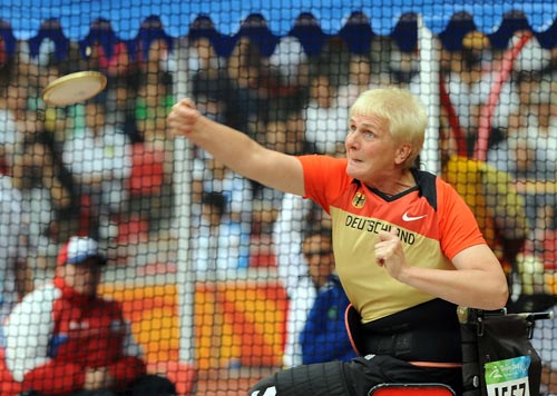 Germany's Marianne Buggenhagen took gold in the Women's Discus Throw F54-56 with a result 27.80 meters at the National Stadium, also known as the Bird's Nest, in Beijing on September 9, 2008.